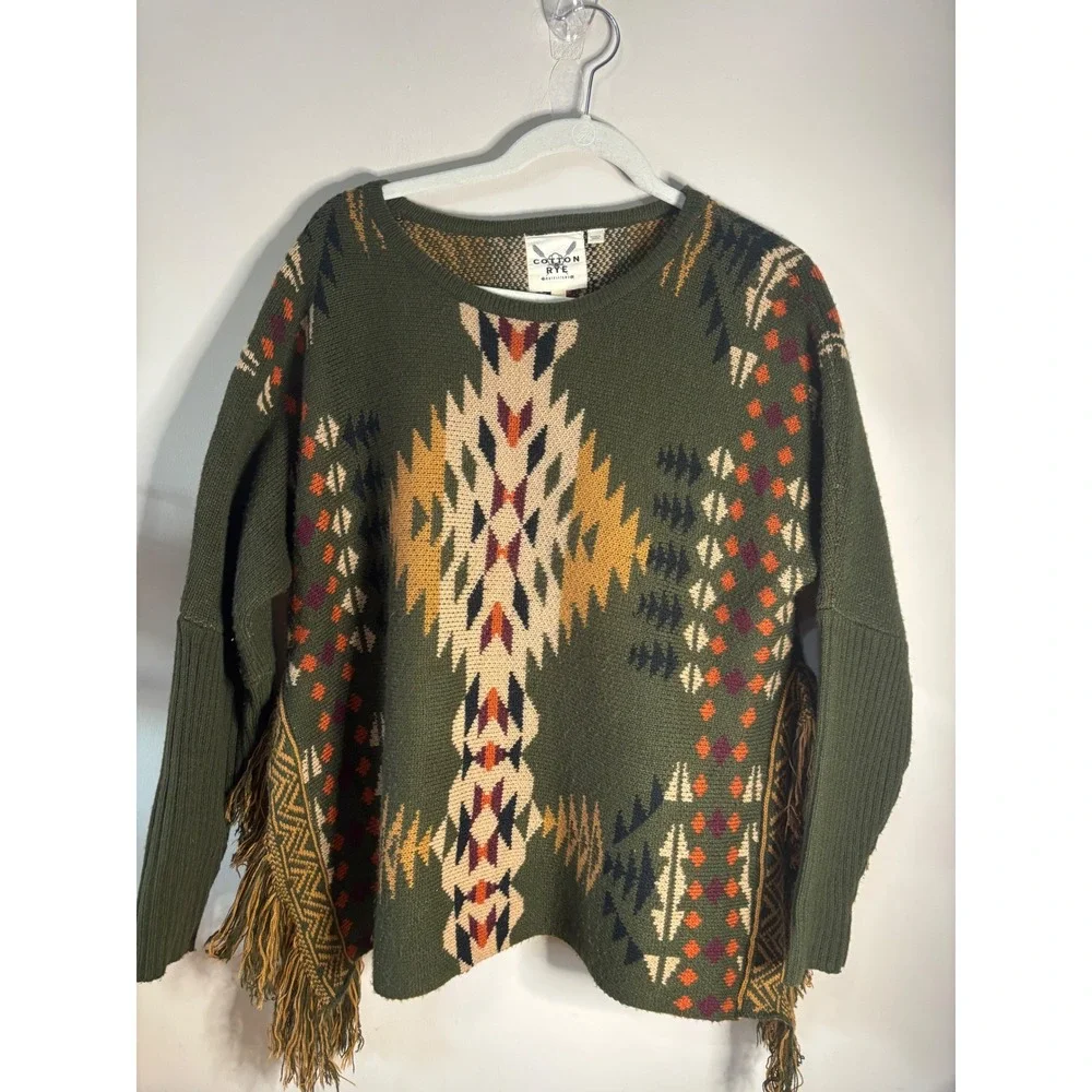 Cotton‎ & Rye Outfitters Womens Southwestern Fringe Sweater Olive Green Small - Picture 3 of 9